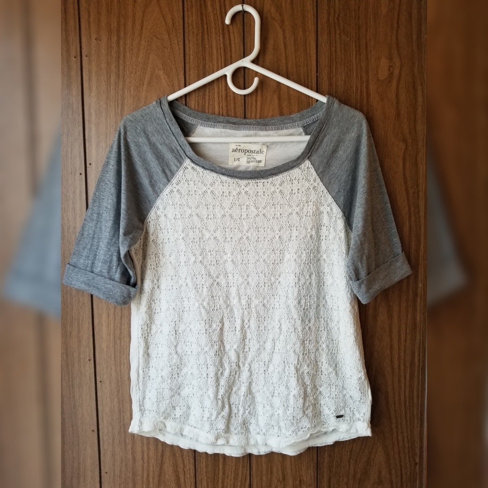 Aeropostale Gray & White Baseball Lace Tee